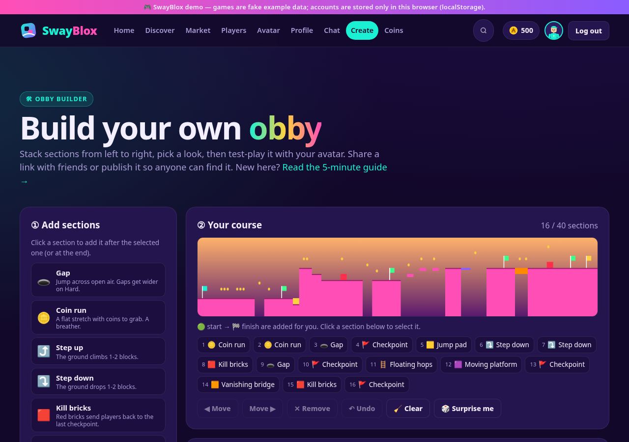The Obby Builder: sections on the left, the course map and section list in the middle, name, theme and publish panels below