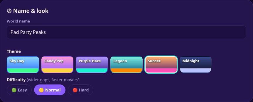 The Name and look panel with a world name, six theme swatches and Easy, Normal and Hard difficulty