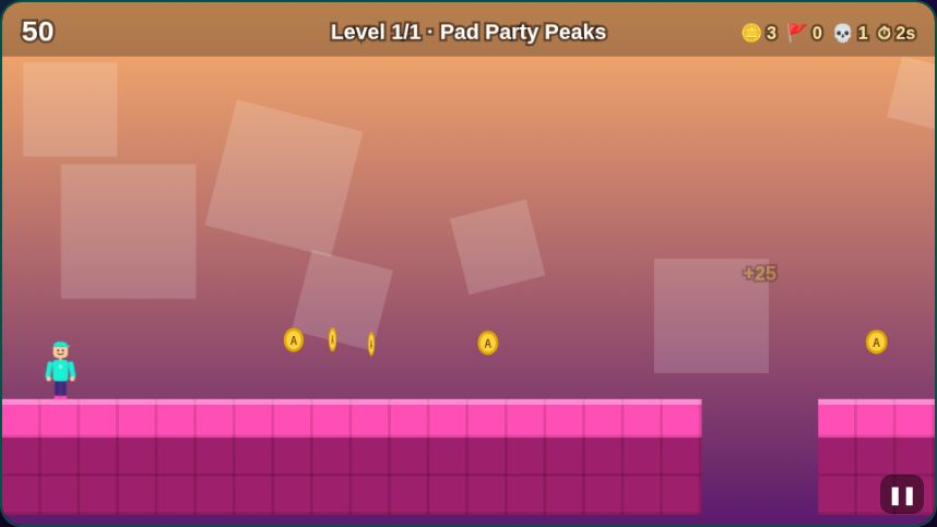 Test-playing a player-built obby: the avatar runs across green blocks toward a checkpoint