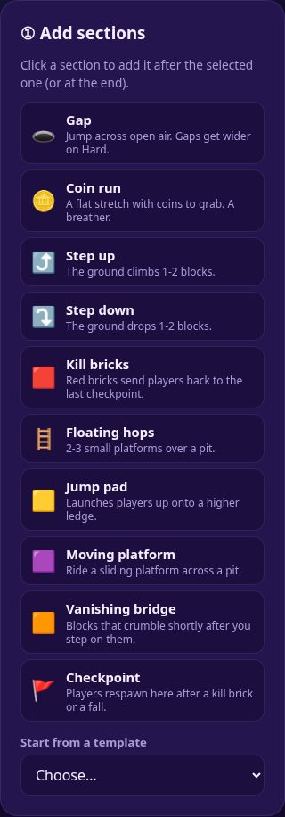 The section palette with Gap, Coin run, Step up, Step down, Kill bricks, Floating hops, Jump pad, Moving platform, Vanishing bridge and Checkpoint