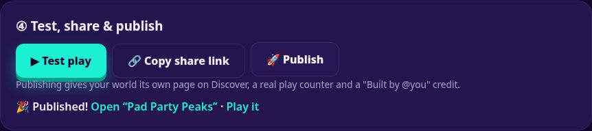 The Test, share and publish panel after publishing, with a link to the new world page