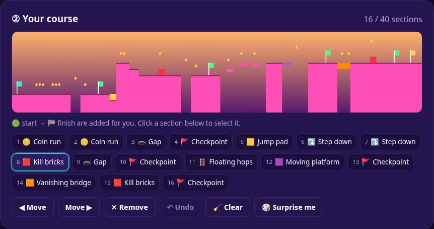 The course panel with a selected Kill bricks section and the Move, Remove, Undo, Clear and Surprise me buttons