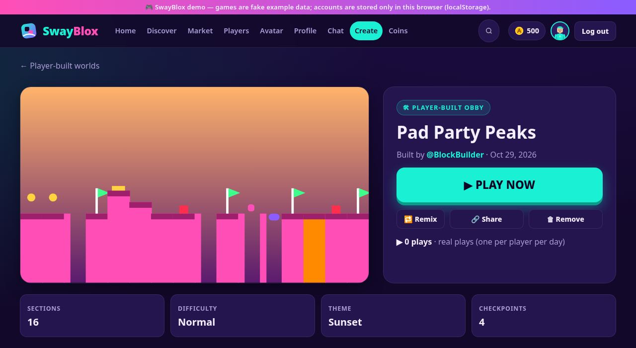 A published world page showing Built by, the play count, Play now, Remix and Share